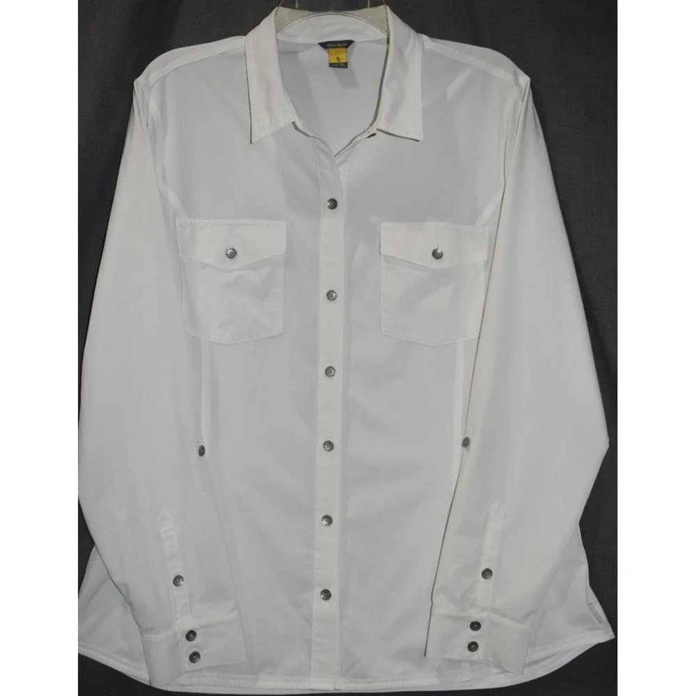 Eddie Bauer XL Women Departure Shirt Ivory Roll Tab Sleeve Button Up Stretch - Picture 2 of 16
